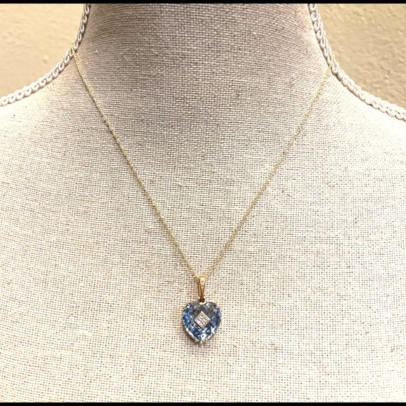 18k Gold Heart Shaped Faceted London Blue Topaz & Princess Cut Diamonds Pendant - Picture 5 of 9